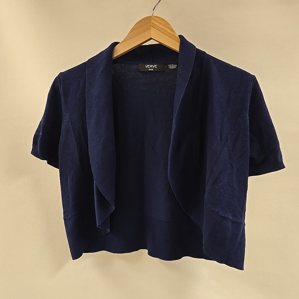 Verve Ami Cardigan Women Large Blue Solid Open Lightweight Coverup Shortsleeve